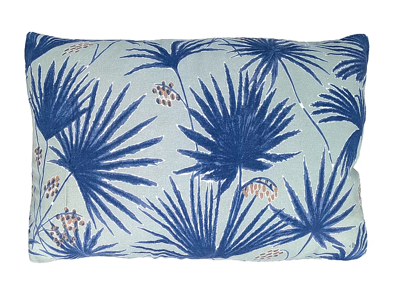 Housse de coussin 40x60 cm lin lavé motif végétal PALAWAN bleu Indigo