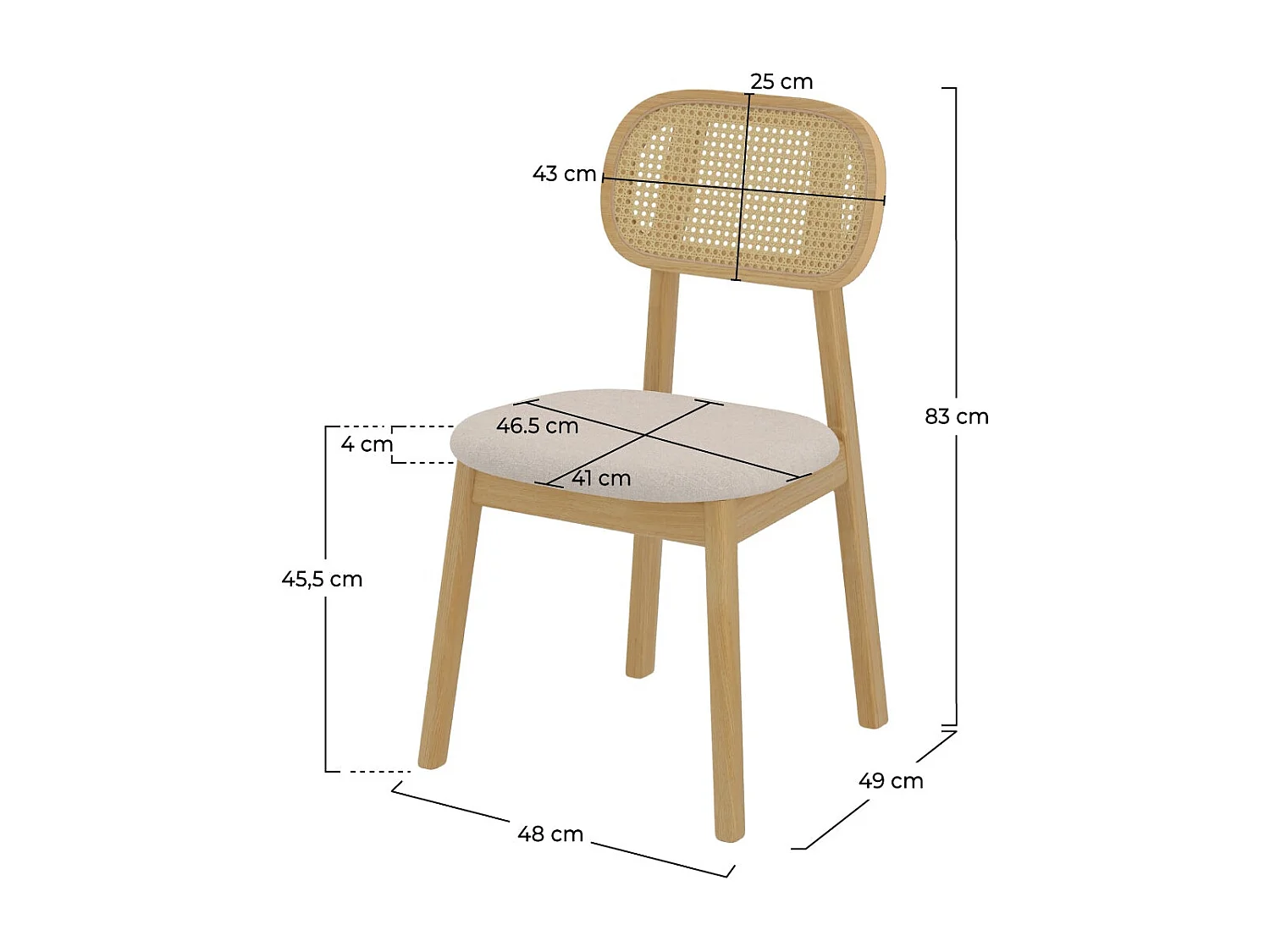 Lot de 2 chaises en bois clair, tissu beige et rotin synthétique - Maria