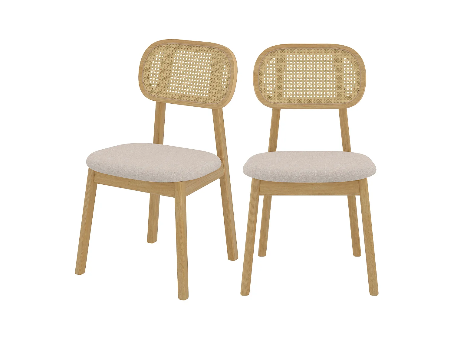 Set di 2 sedie in legno chiaro, tessuto beige e rattan - Maria
