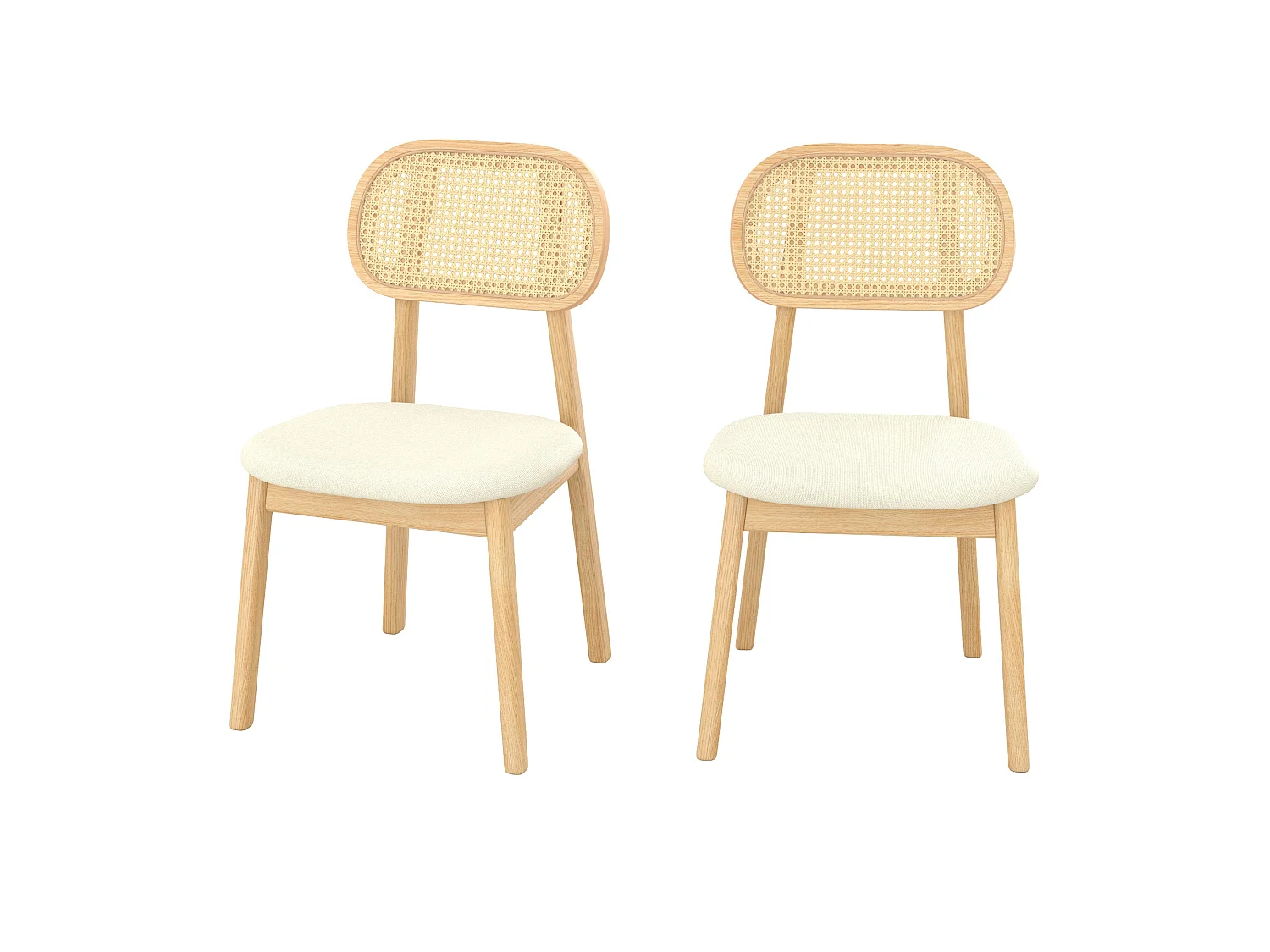 Lot de 2 chaises en bois clair, tissu beige et rotin synthétique - Maria