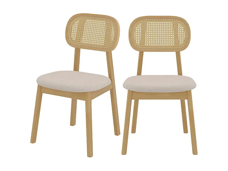 Lot de 2 chaises en bois clair, tissu beige et rotin synthétique - Maria