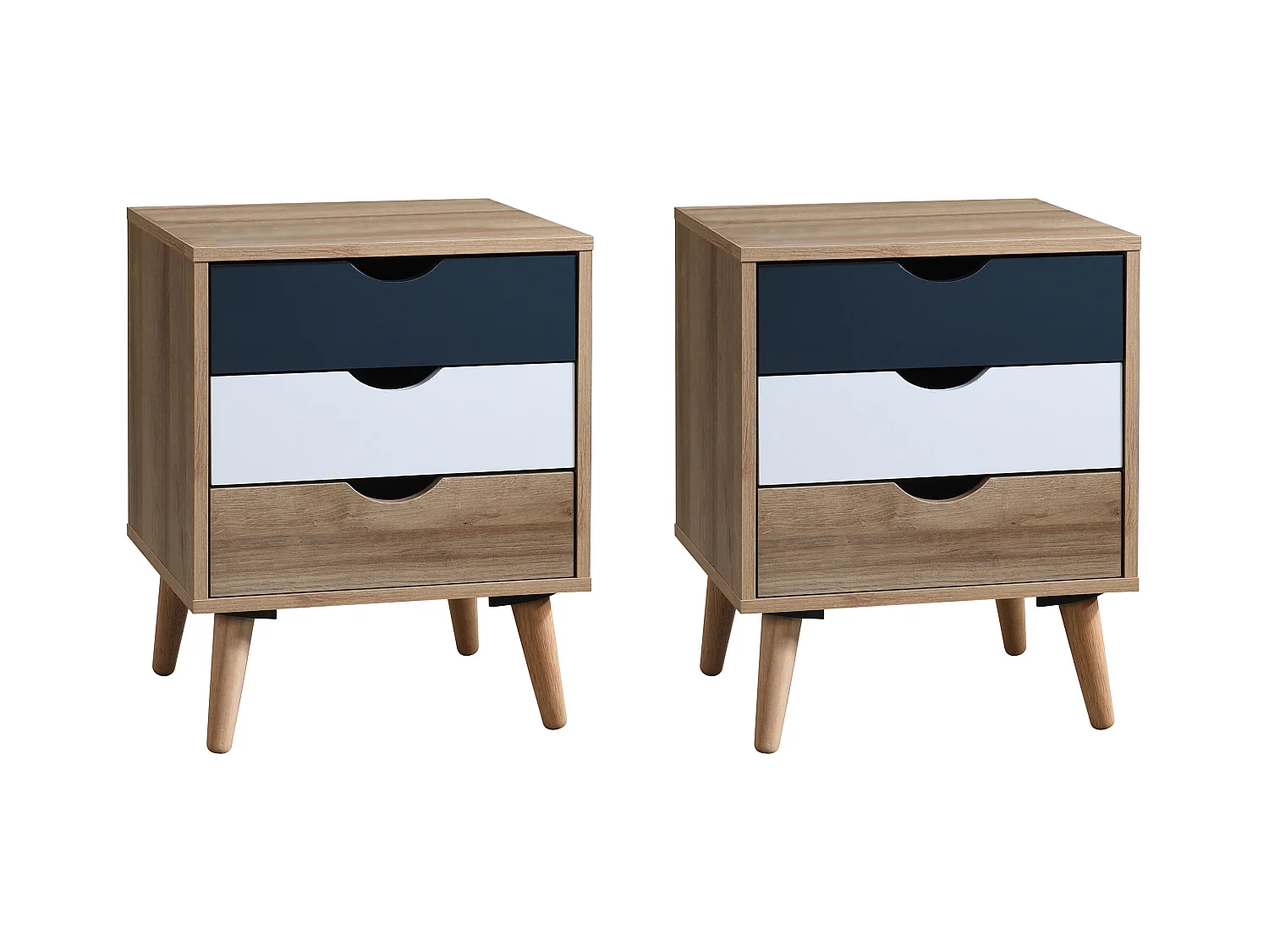 Set van 2 nachtkastjes 3 lades - Kleur: naturel, wit en marineblauw - LURVIA