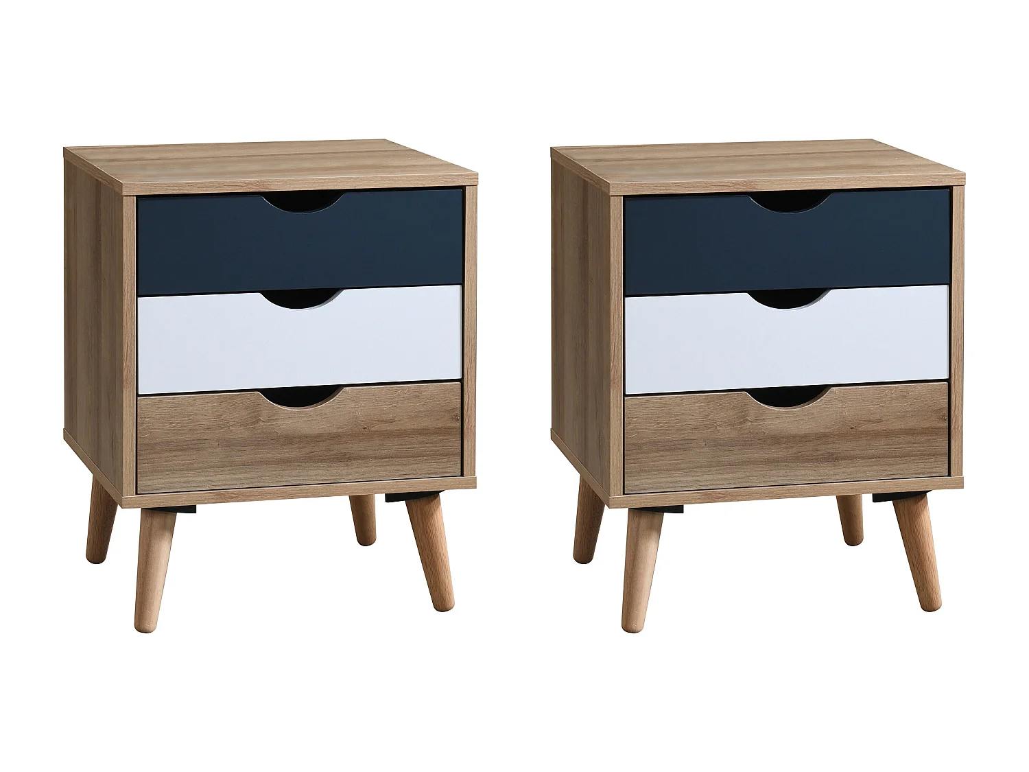 Set van 2 nachtkastjes 3 lades - Kleur: naturel, wit en marineblauw - LURVIA