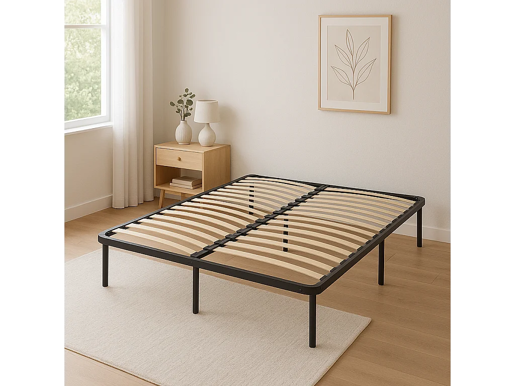 Sommier 200x200 cm Solide et Confortable avec Cadre à Lattes et 12 Pieds en Métal