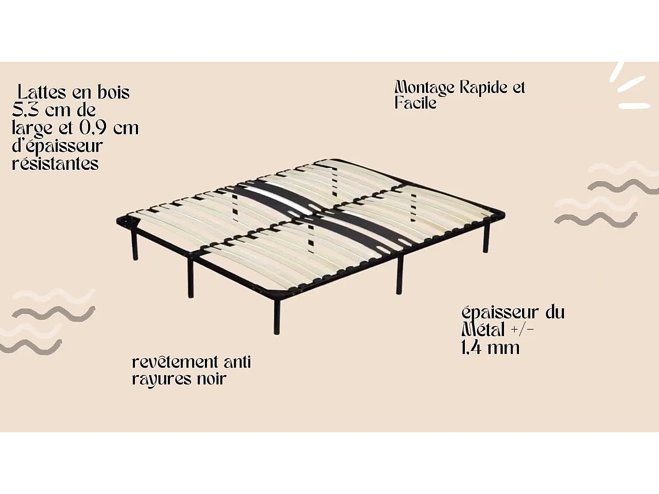 Sommier 120x190 Noir Cadre à Lattes Renforcé Bassin 9 Pieds Métal Hauteur 29 cm Montage Facile