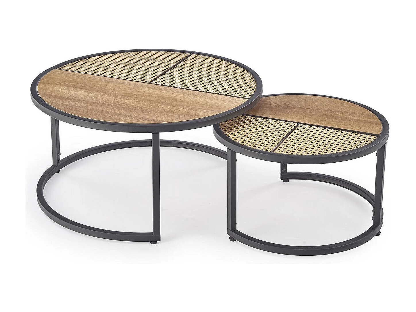 Set di due tavolini rotondi in rovere e rattan Later