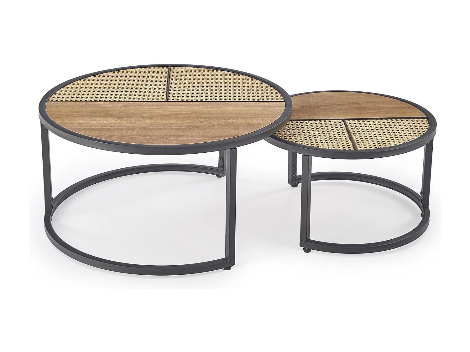 Set di due tavolini rotondi in rovere e rattan Later