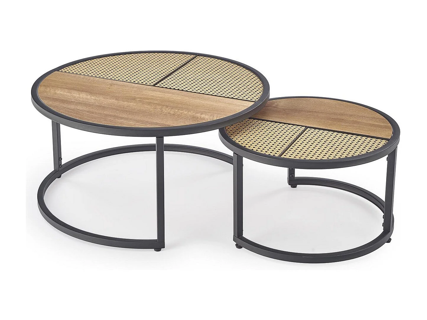 Set di due tavolini rotondi in rovere e rattan Later