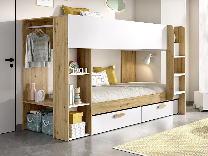 Lits superposés 2 x 90 x 200 cm avec rangements et penderie - Blanc et naturel - OZANA
