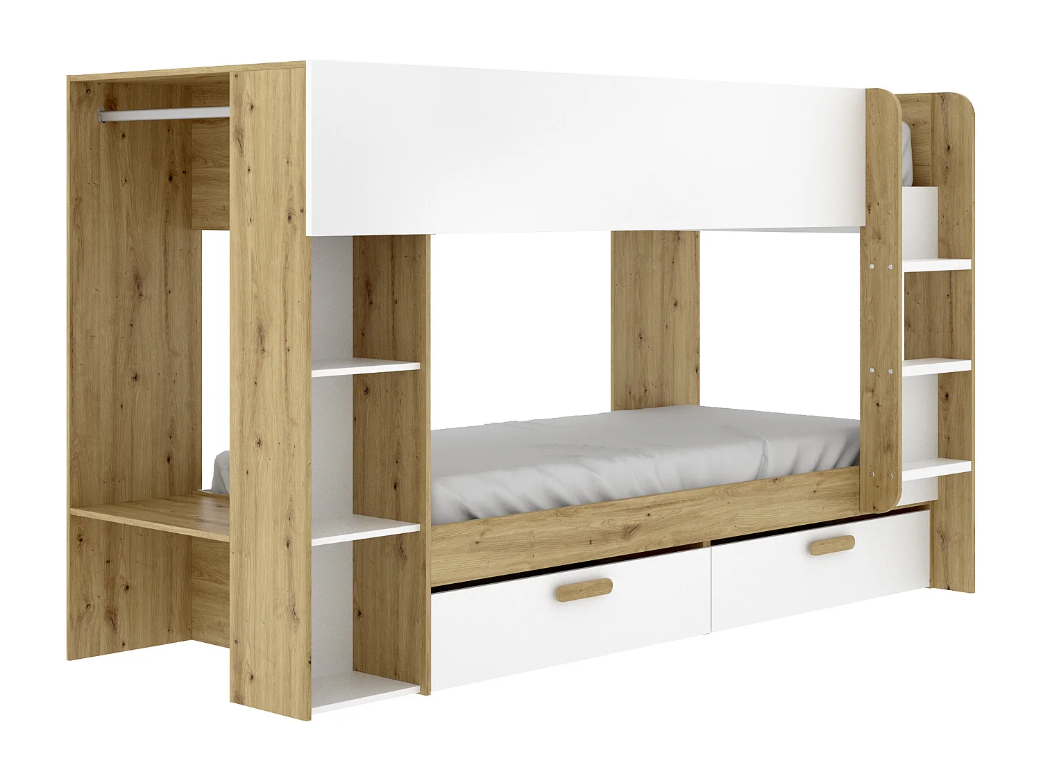 Litera 2 x 90 x 200 cm con compartimentos y ropero - Blanco y natural - OZANA