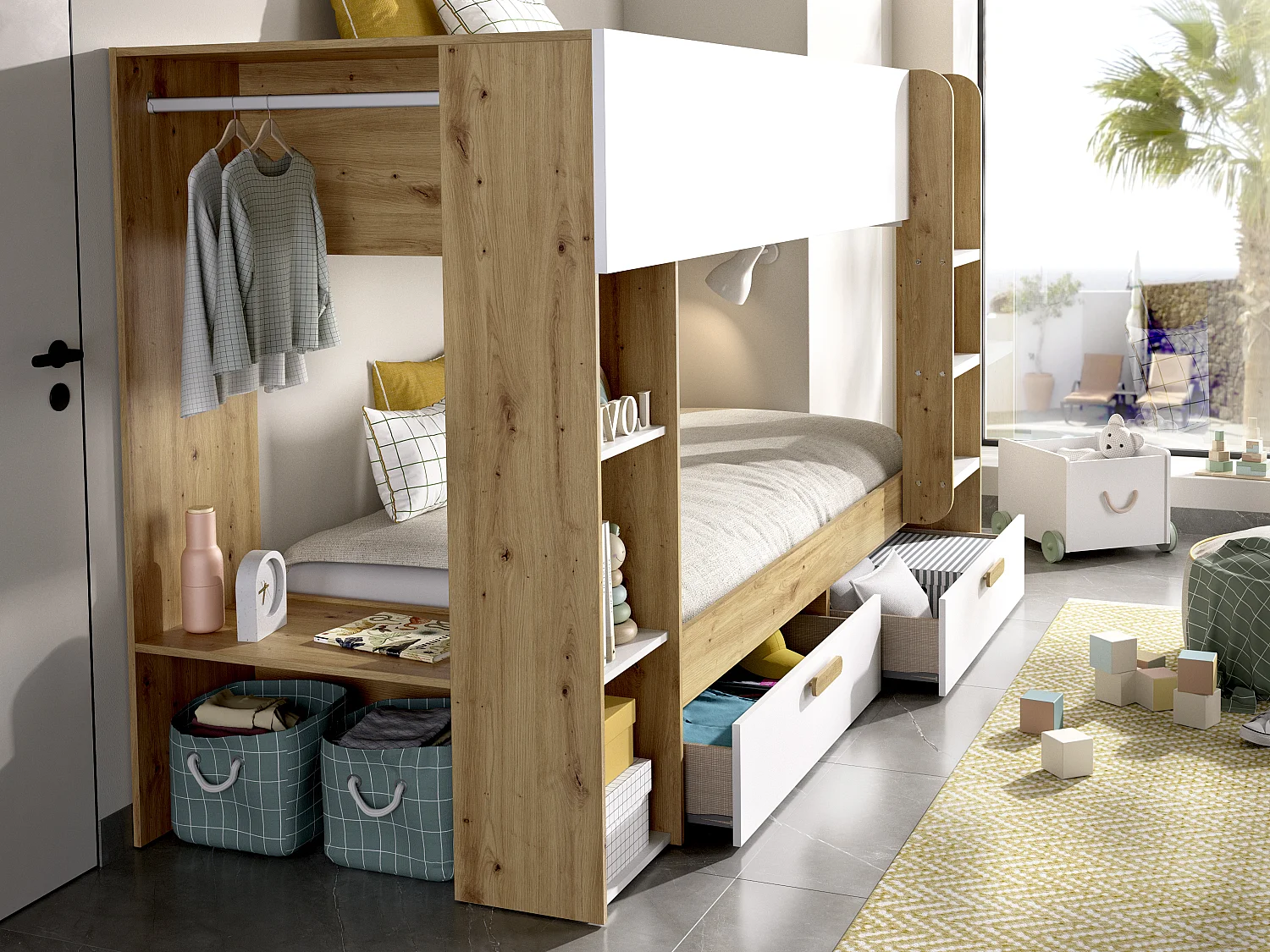 Litera 2 x 90 x 200 cm con compartimentos y ropero - Blanco y natural - OZANA