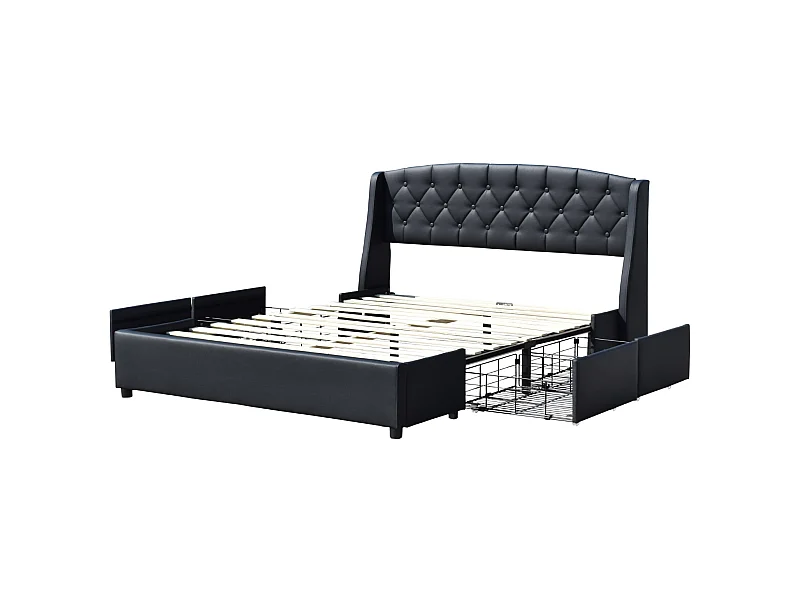 Iris - Solide et Confortable Lit 140x190 avec Sommier avec 4 tiroirs + Tete de lit Couleur Noir + Pieds en 4 cm - 13 Lat