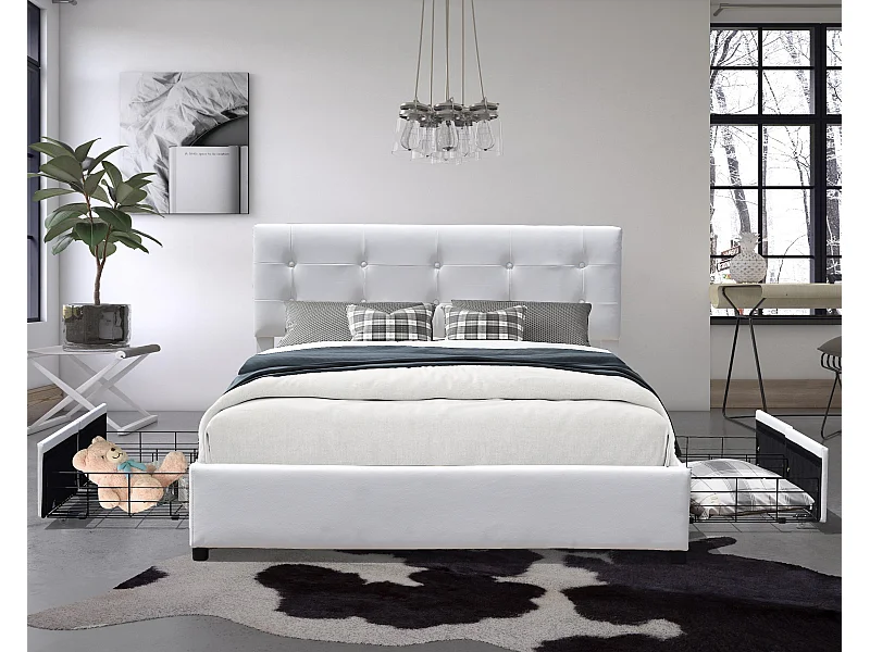 chloe - Solide et Confortable Lit 140x190 avec Sommier avec 4 tiroirs + Tete de lit Couleur BLANC + Pieds en 4 cm - 13 L