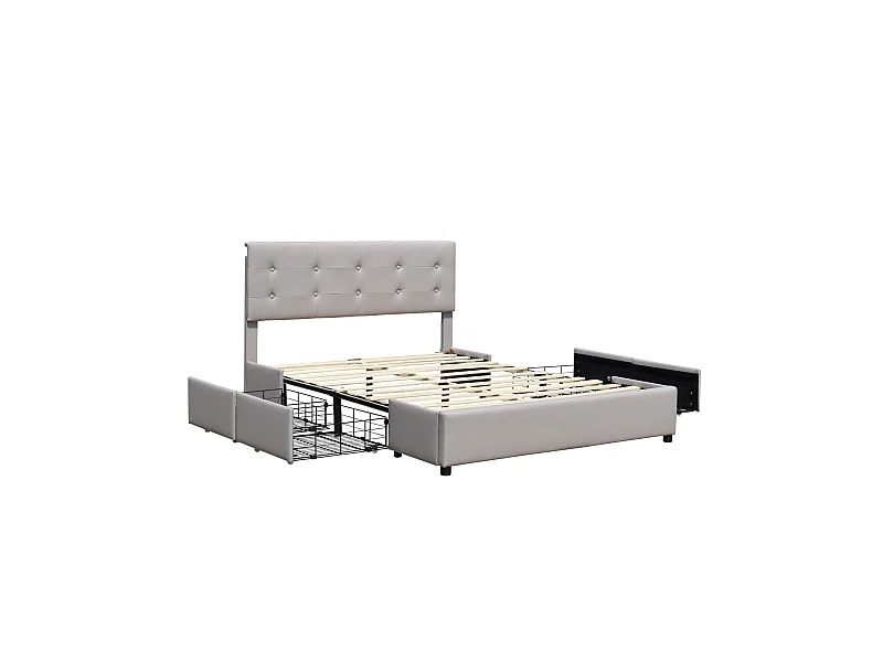 Iris - Solide et Confortable Lit 160x200 avec Sommier avec 4 tiroirs + Tete de lit Couleur Gris + Pieds en 4 cm - 13 Lat