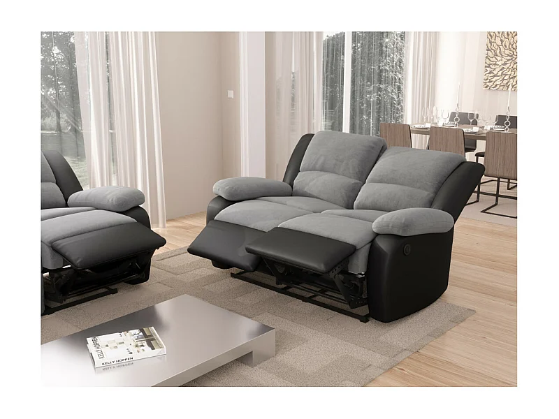 Canapé de Relaxation électrique 2 places Microfibre et Simili Léo - Gris et Noir - L143 x 93 x 96cm - Loungitude