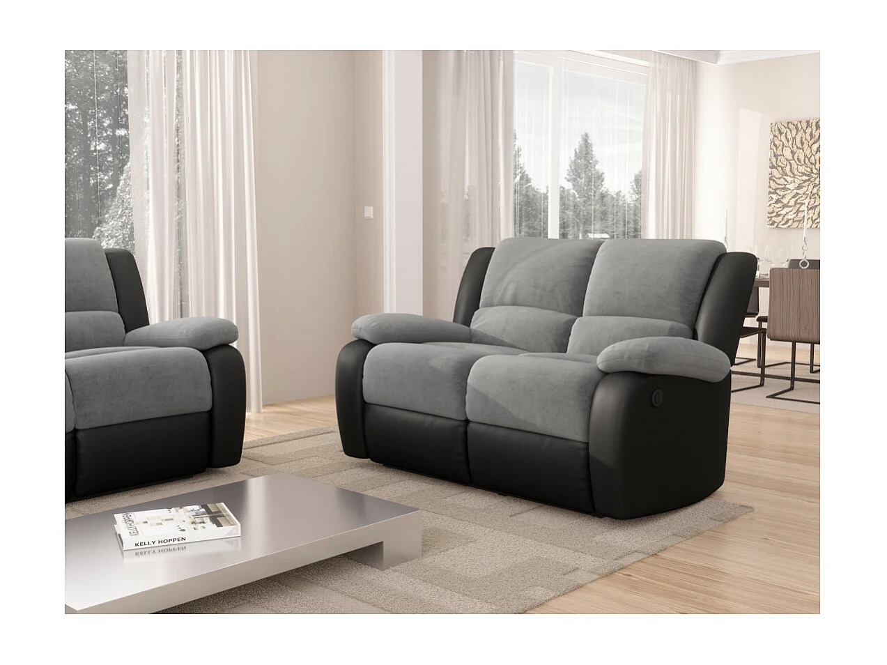 Canapé de Relaxation électrique 2 places Microfibre et Simili Léo - Gris et Noir - L143 x 93 x 96cm - Loungitude