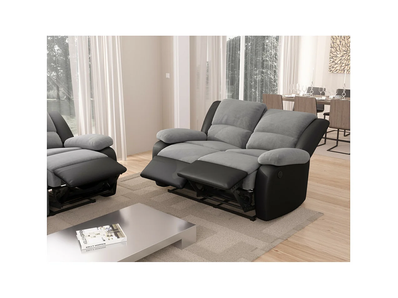 Canapé de Relaxation électrique 2 places Microfibre et Simili Léo - Gris et Noir - L143 x 93 x 96cm - Loungitude