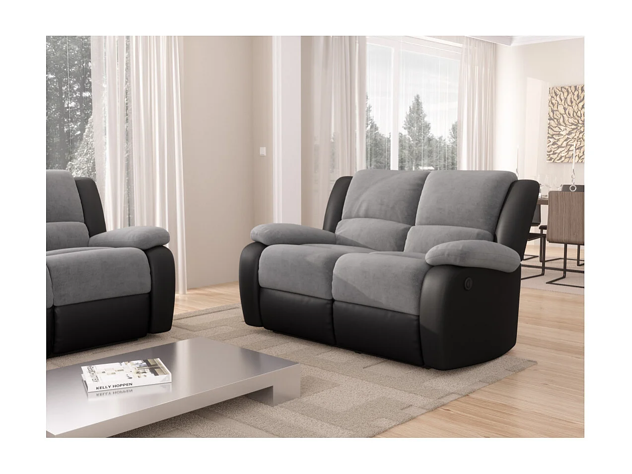 Canapé de Relaxation électrique 2 places Microfibre et Simili Léo - Gris et Noir - L143 x 93 x 96cm - Loungitude