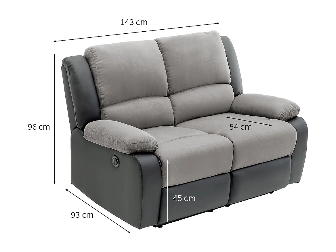 Canapé de Relaxation électrique 2 places Microfibre et Simili Léo - Gris et Noir - L143 x 93 x 96cm - Loungitude