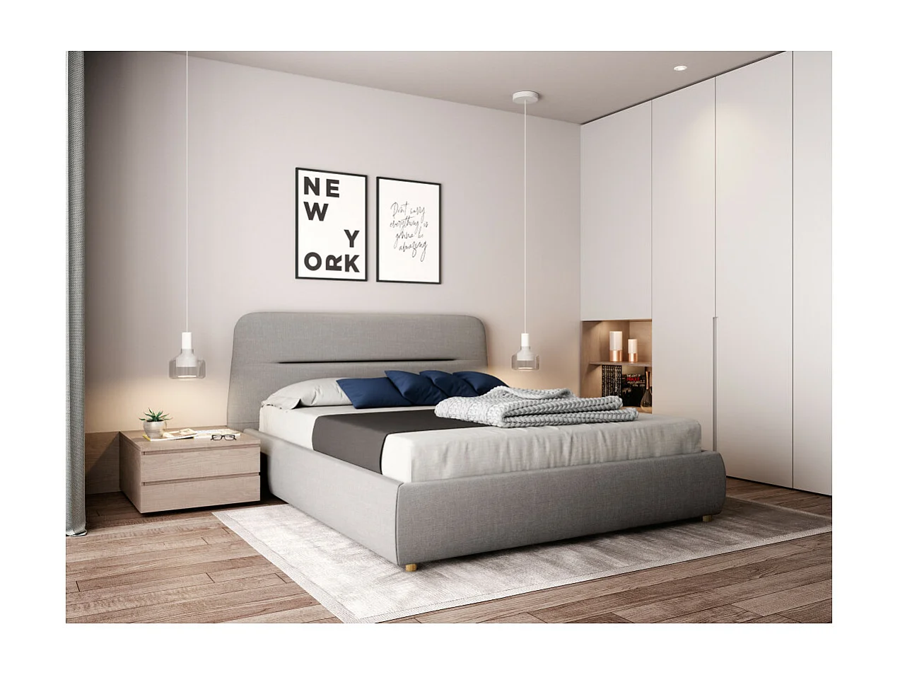 Cadre de lit coffre BONY avec sommier à lattes - Gris clair - Largeur 160 cm