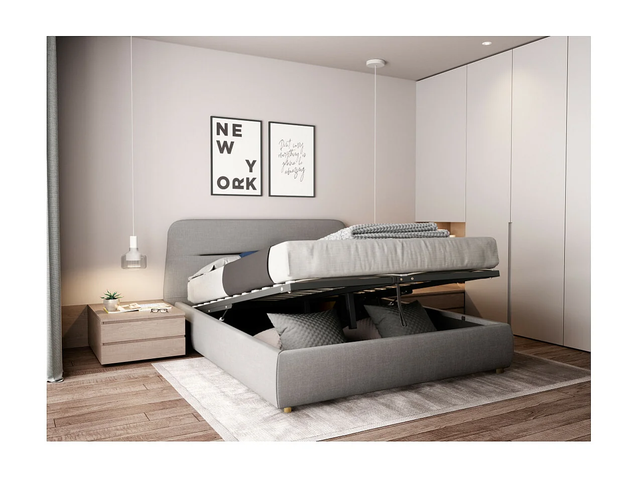 Cadre de lit coffre BONY avec sommier à lattes - Gris clair - Largeur 140 cm