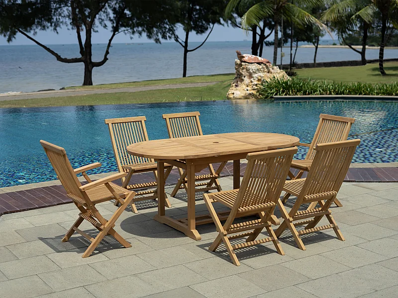 Tuinset: uitschuifbare tafel L.120 / 170 cm, 2 fauteuils en 4 inklapbare stoelen - Natuurlijk licht - BYBLOS II van MYLIA