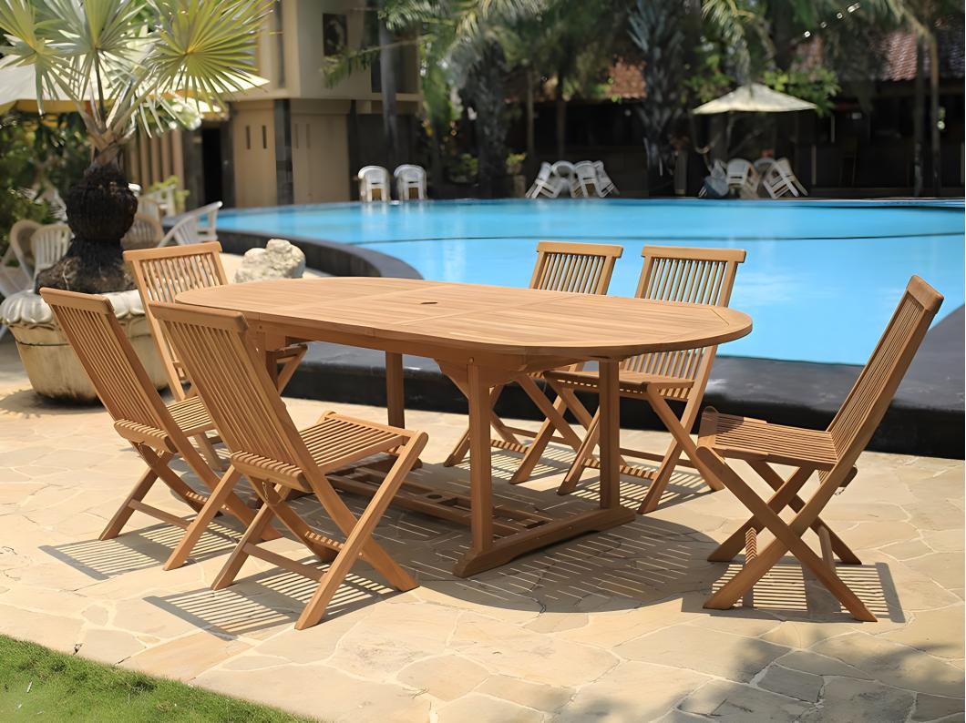 Salle à manger de jardin en teck : une table extensible L.180 / 240 cm et 6 chaises pliantes - Naturel clair - BYBLOS II de MYLIA