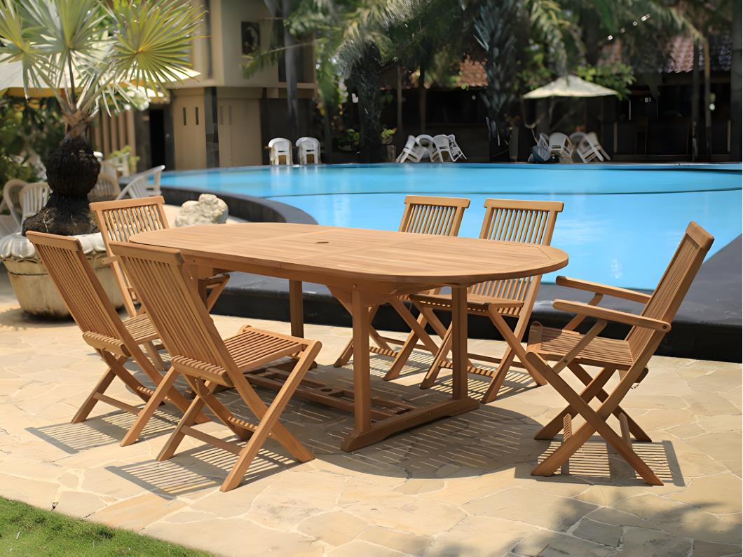 Salle à manger de jardin en teck : une table extensible L.180 / 240 cm, 2 fauteuils et 4 chaises pliantes - Naturel clair - BYBLOS II de MYLIA