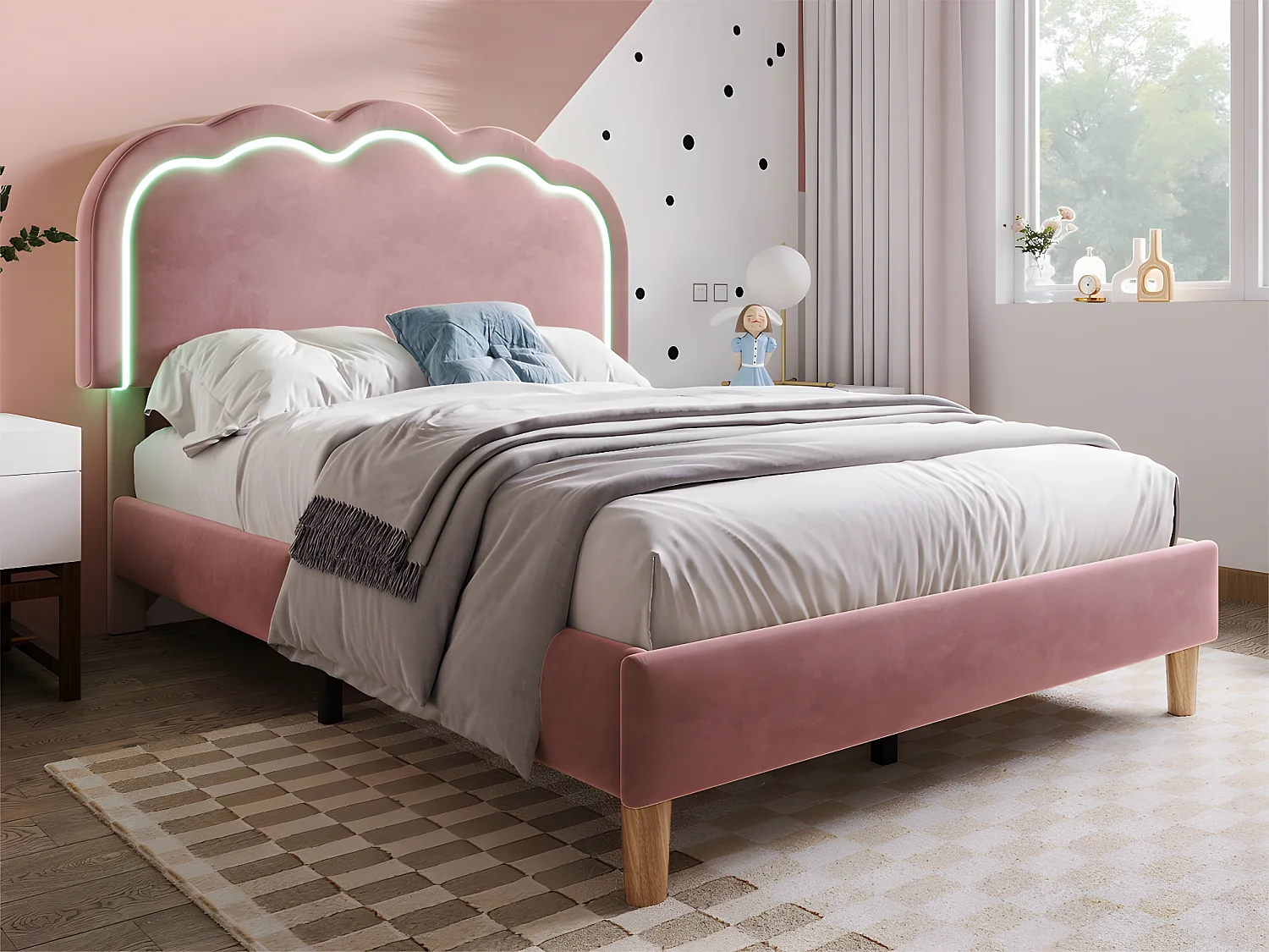 Letto 90x200 cm rivestito in velluto - con LED e rete a doghe - Rosa