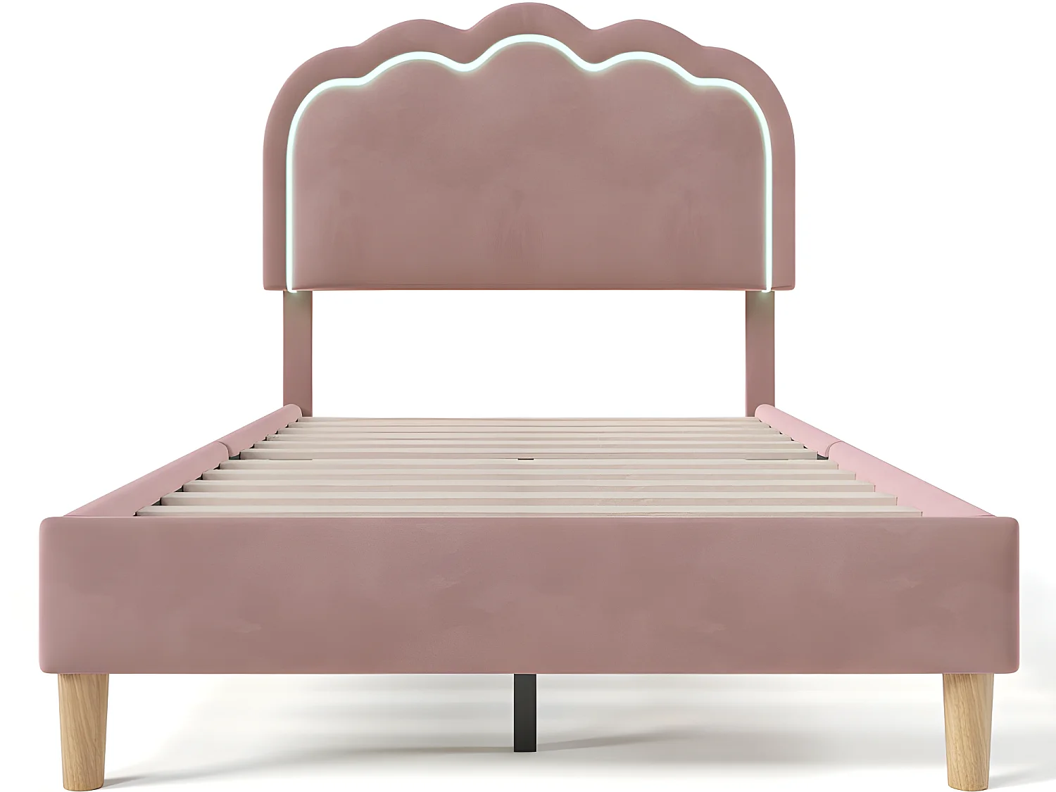 Letto 90x200 cm rivestito in velluto - con LED e rete a doghe - Rosa