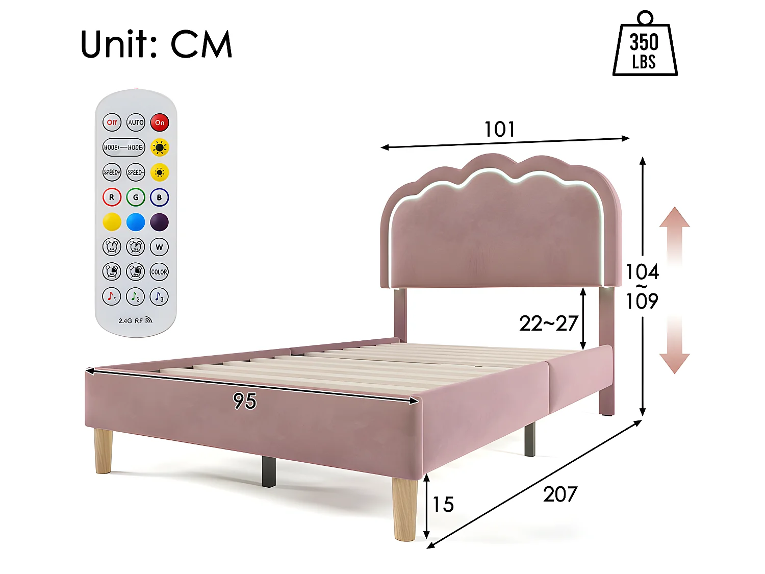 Letto 90x200 cm rivestito in velluto - con LED e rete a doghe - Rosa