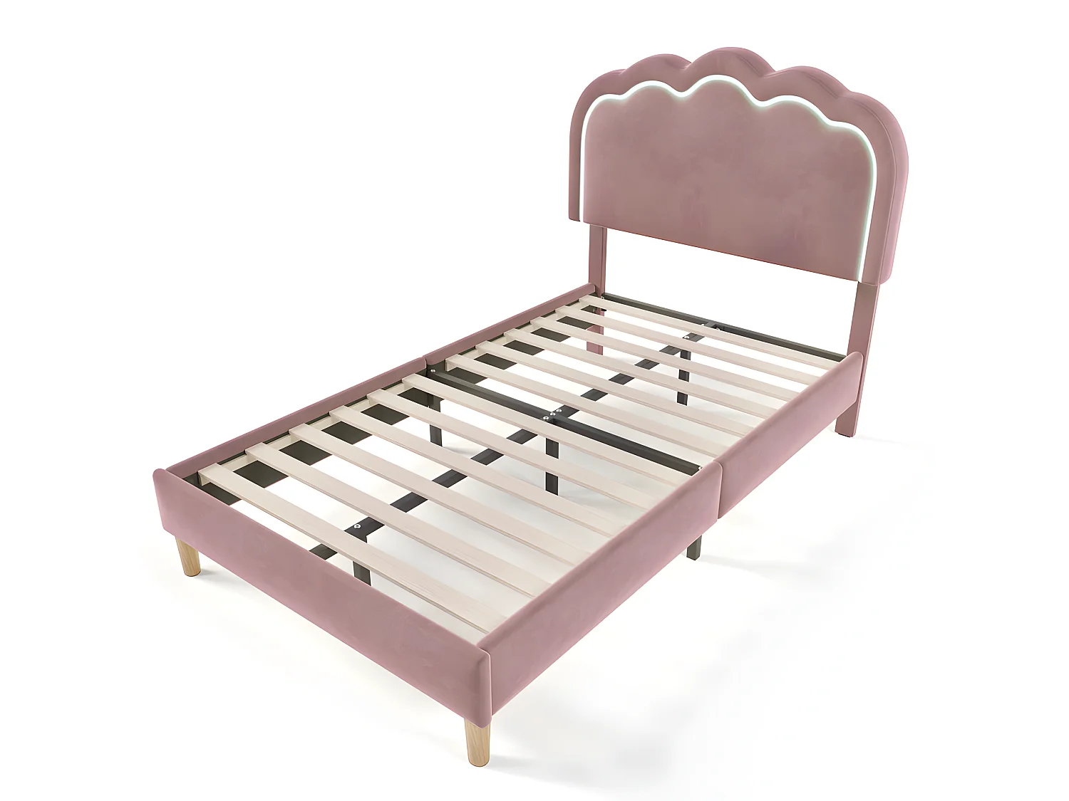 Letto 90x200 cm rivestito in velluto - con LED e rete a doghe - Rosa