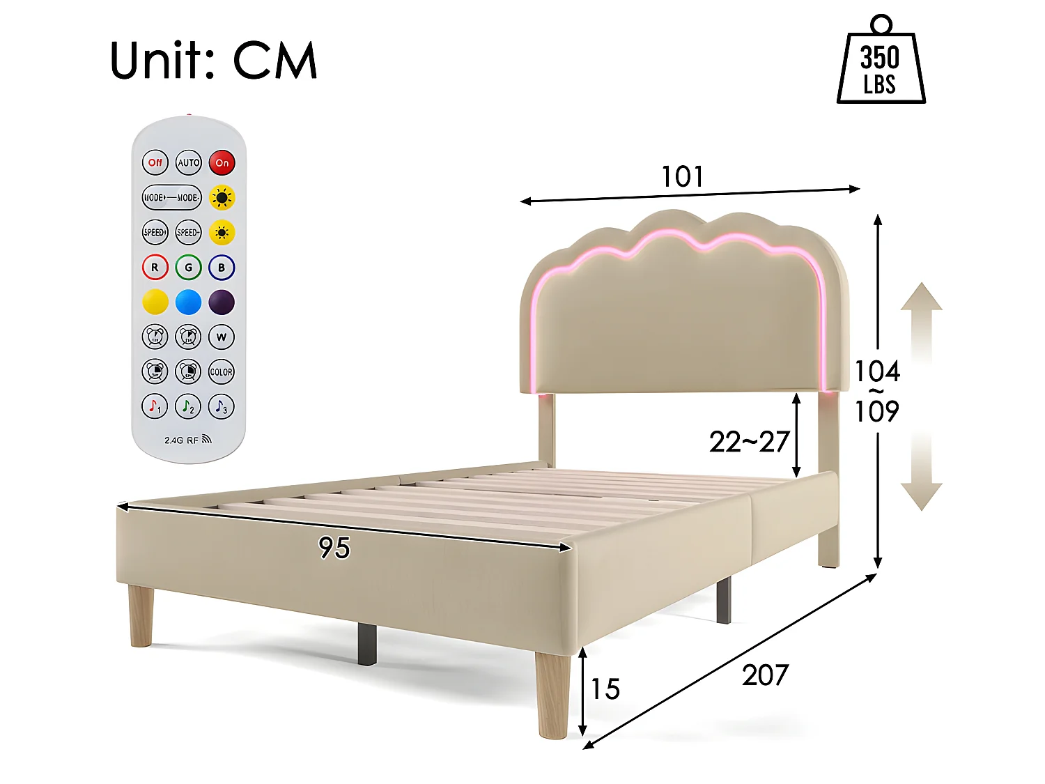 Letto 90x200 cm rivestito in lino - con LED e rete a doghe - Beige