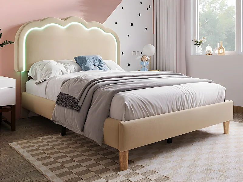 Lit 90x200cm rembourré en lin - avec LED et sommier à lattes - Beige