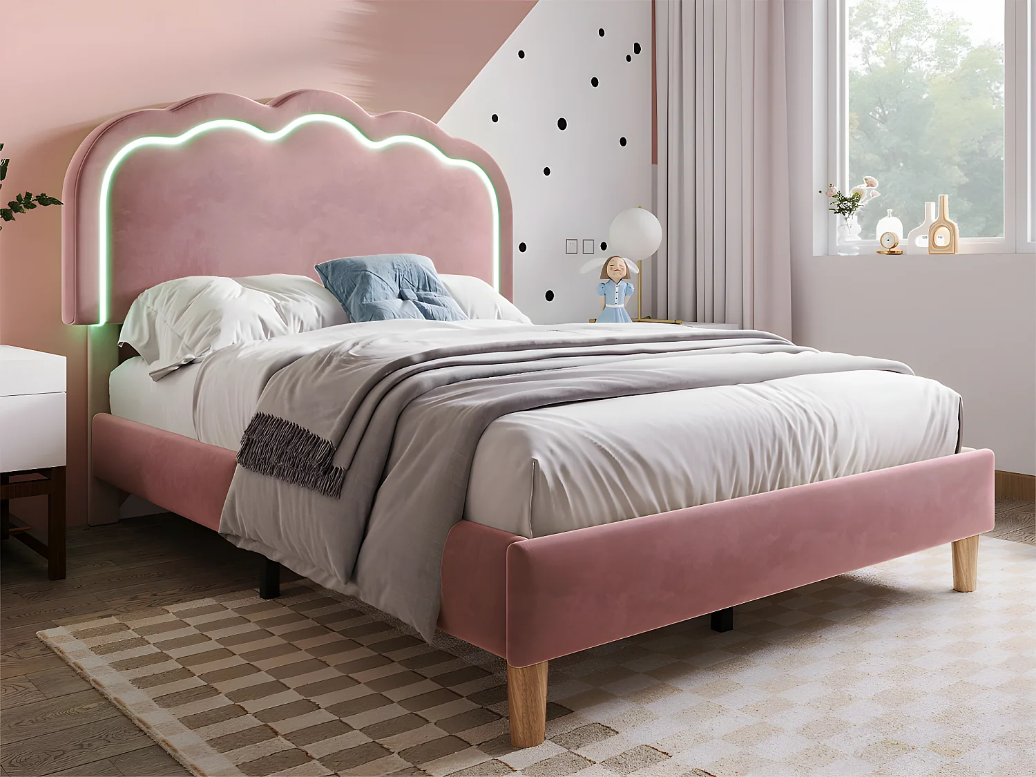 90 x 190 cm großes Bett mit Samtbezug – mit LED und Lattenrost – Rosa