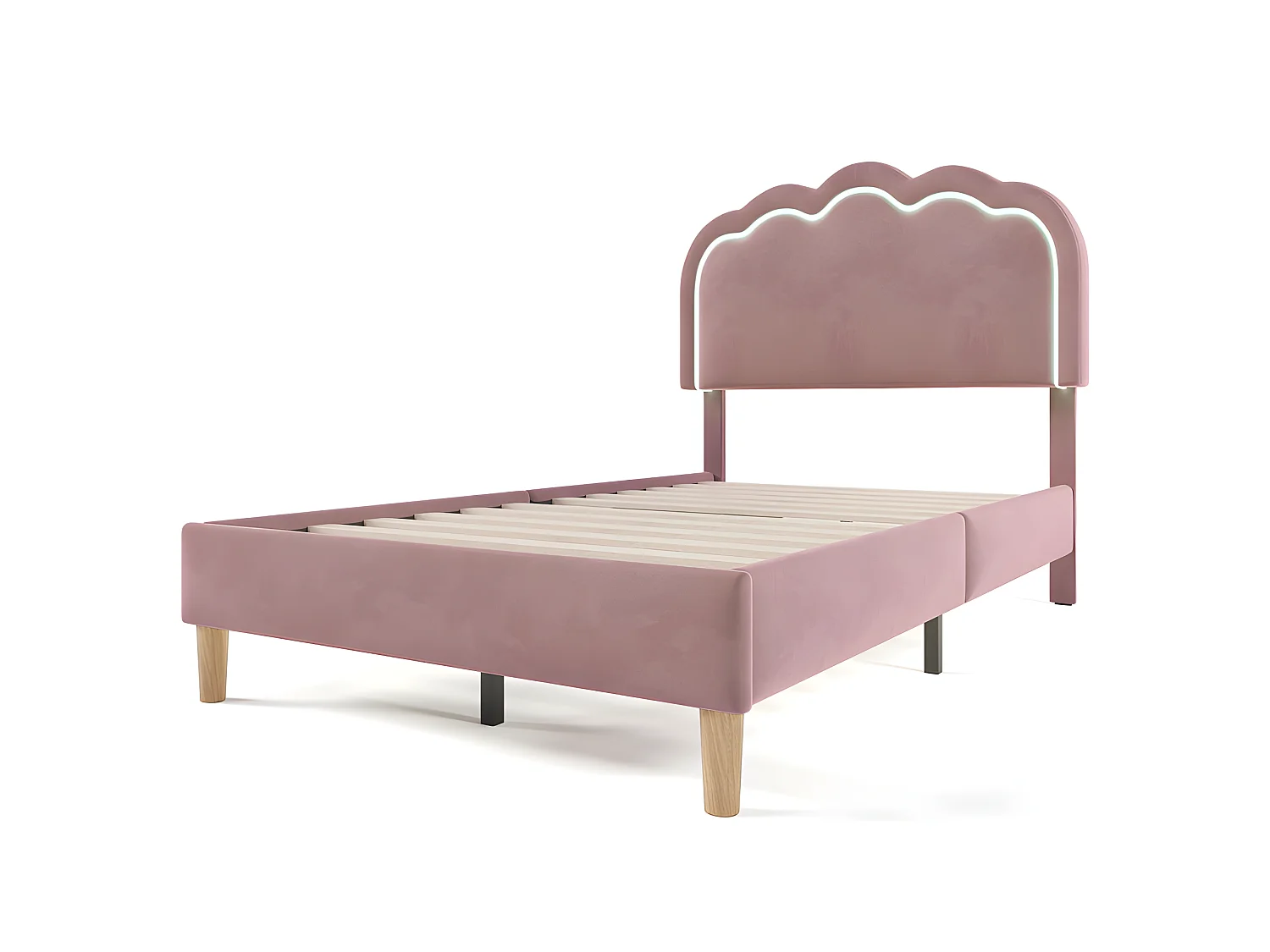 90 x 190 cm großes Bett mit Samtbezug – mit LED und Lattenrost – Rosa