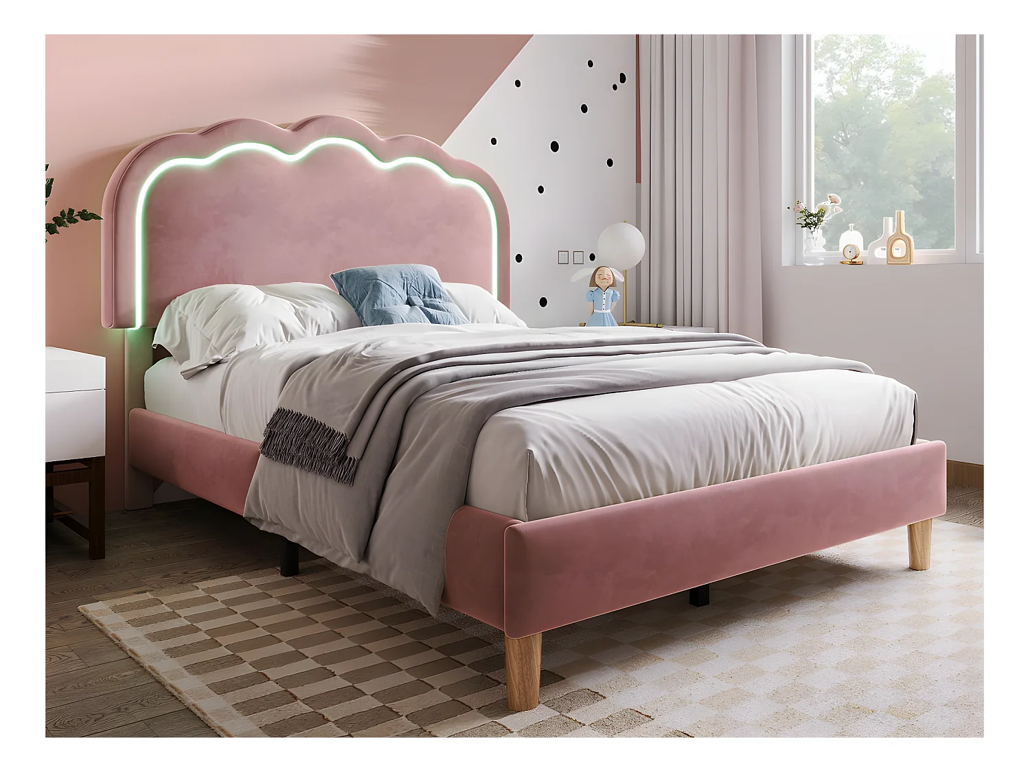 Lit 90x190cm rembourré en velours - avec LED et sommier à lattes - Rose