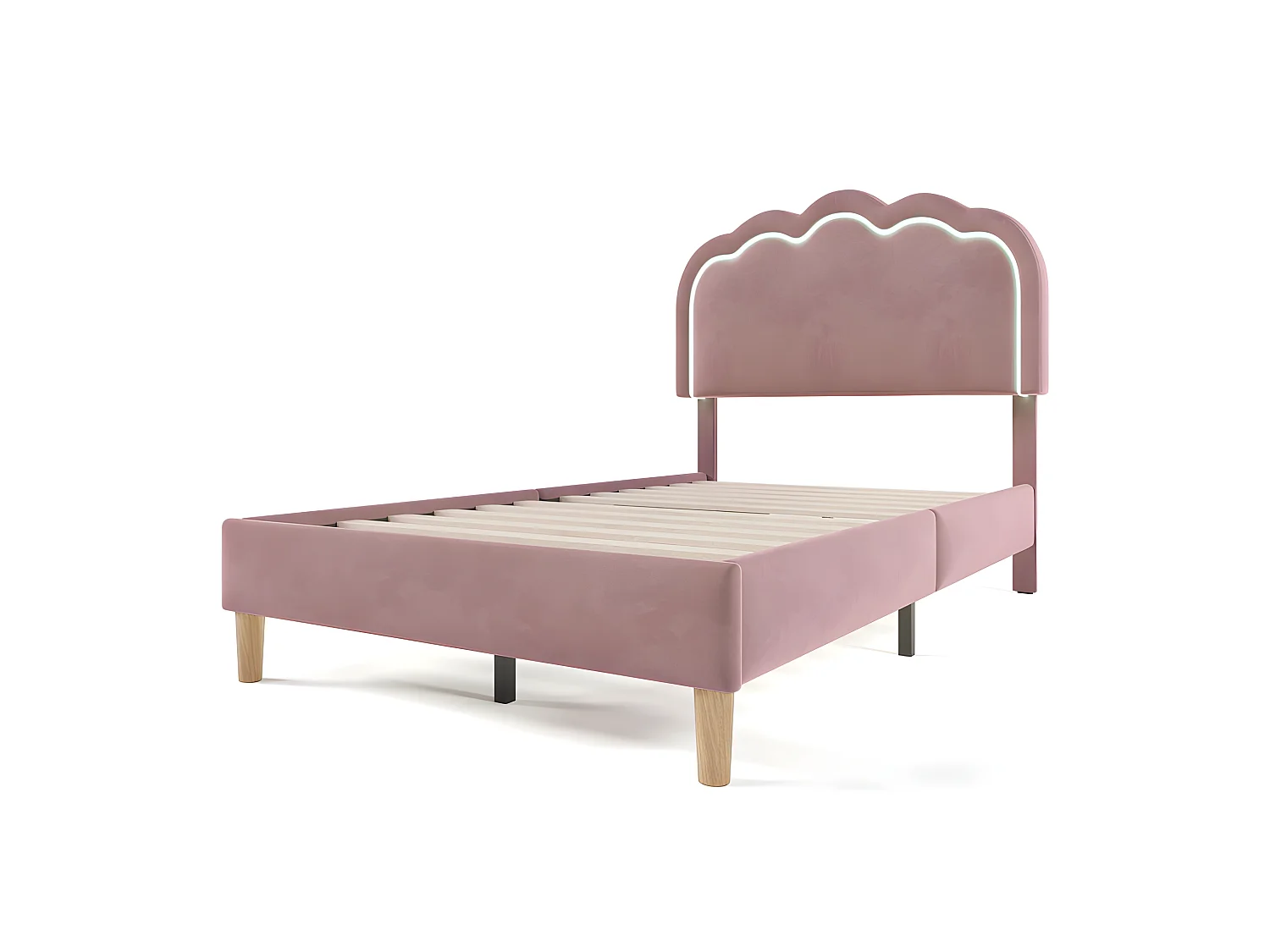 Bed 90x190cm bekleed met fluweel - met LED en lattenbodem - Roze