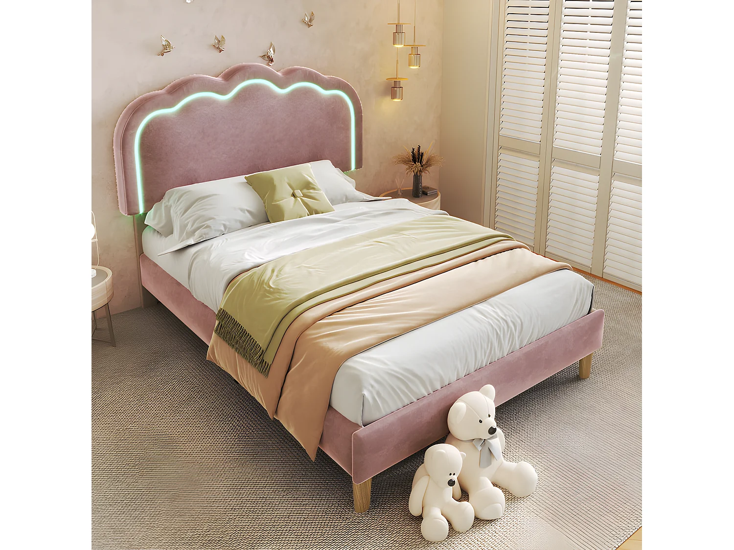 Bed 90x190cm bekleed met fluweel - met LED en lattenbodem - Roze