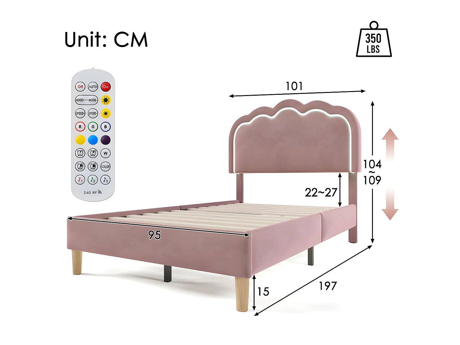 Bed 90x190cm bekleed met fluweel - met LED en lattenbodem - Roze