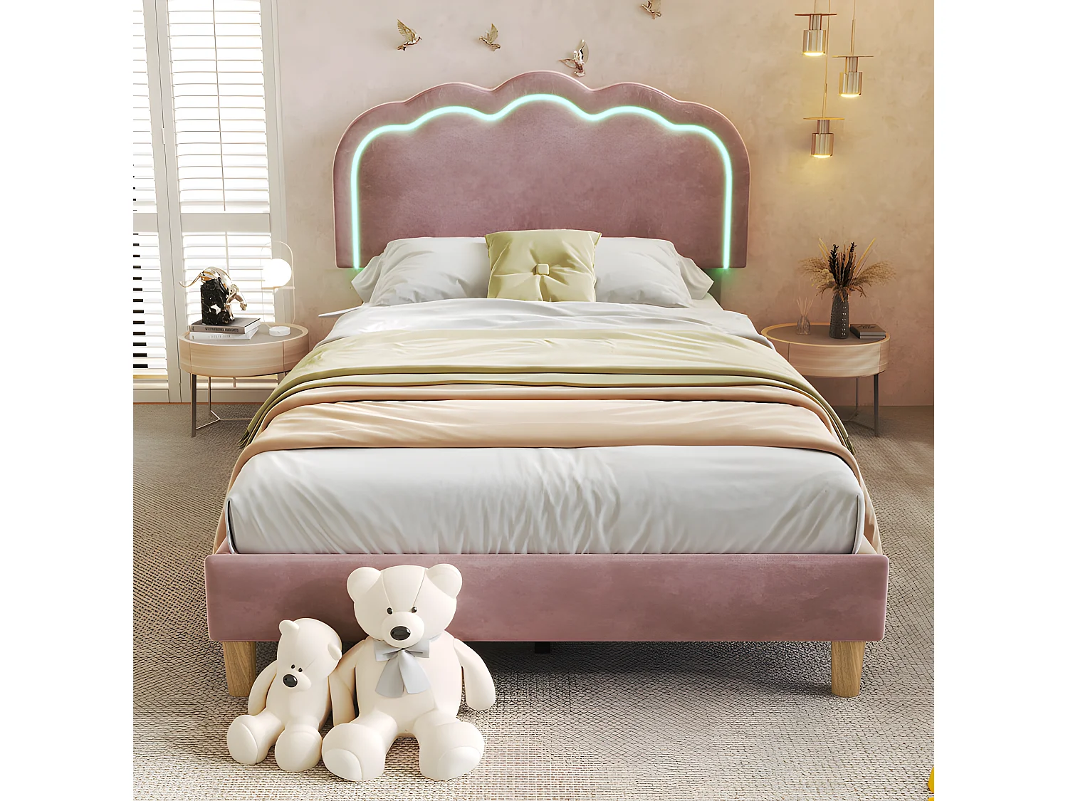 Lit 90x190cm rembourré en velours - avec LED et sommier à lattes - Rose