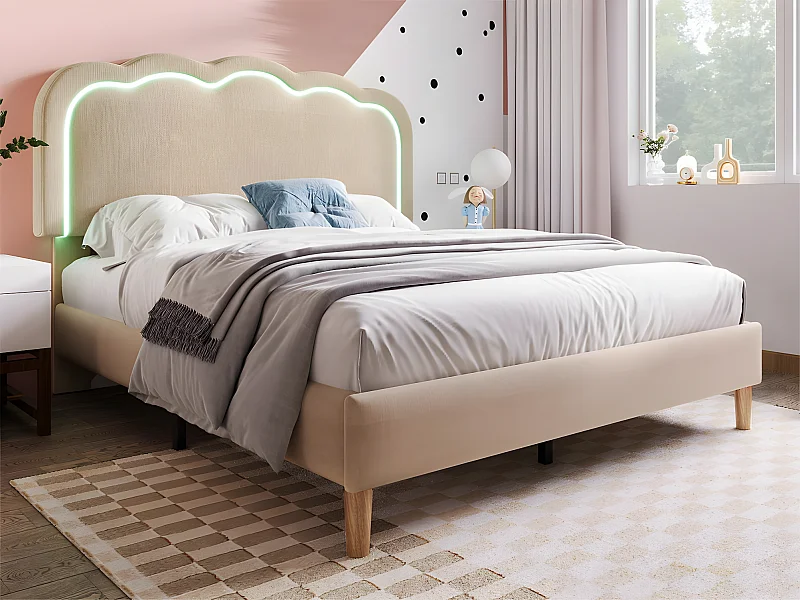 Letto 140x200 cm rivestito in lino - con LED e rete a doghe - Beige