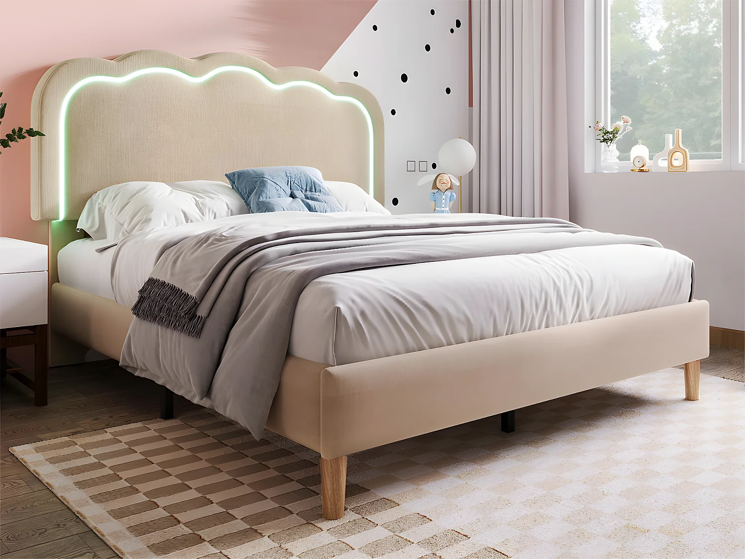 Bed 140x200cm bekleed met linnen - met LED en lattenbodem - Beige