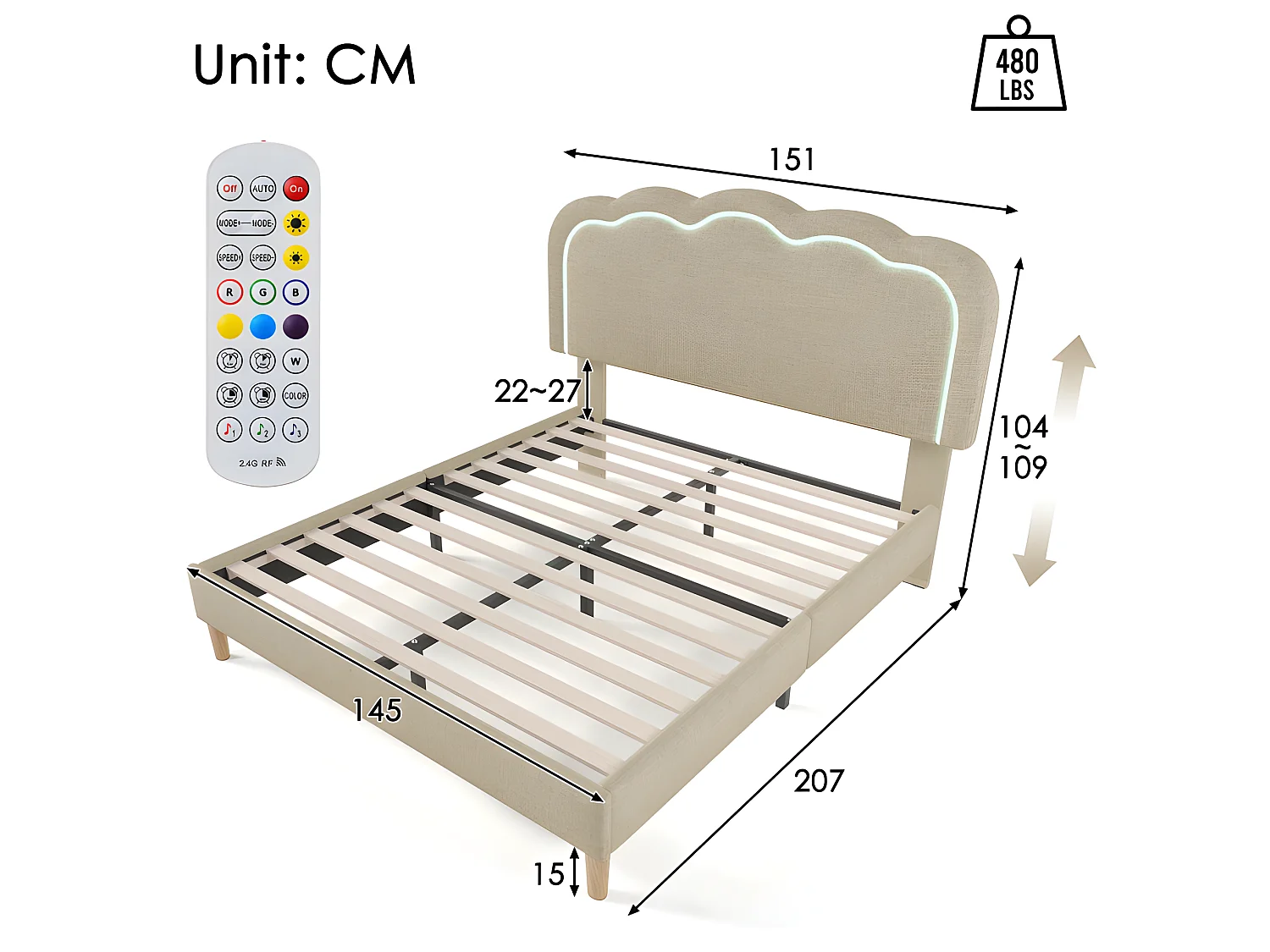 Bed 140x200cm bekleed met linnen - met LED en lattenbodem - Beige