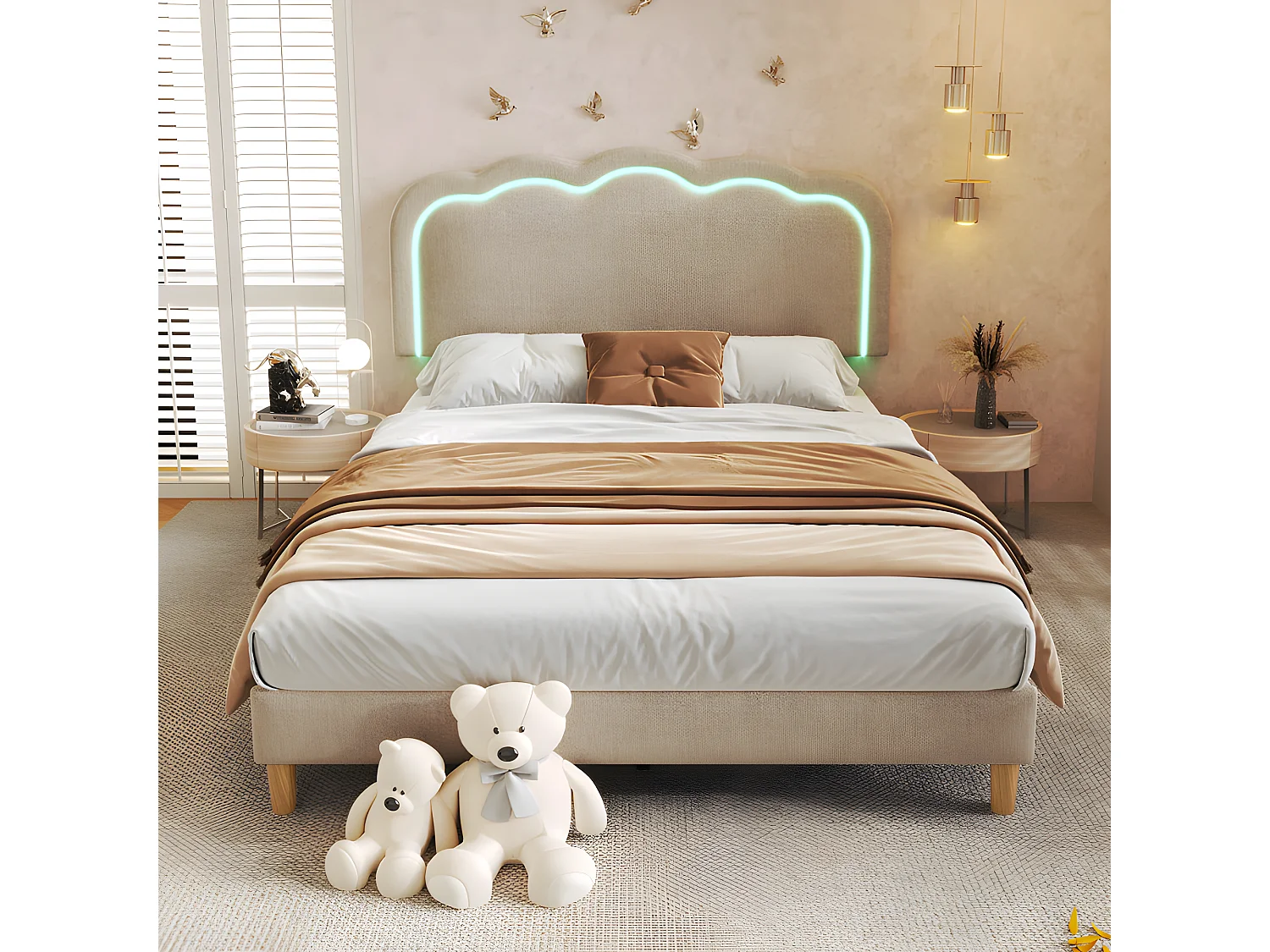 Lit 140x200cm rembourré en lin - avec LED et sommier à lattes - Beige