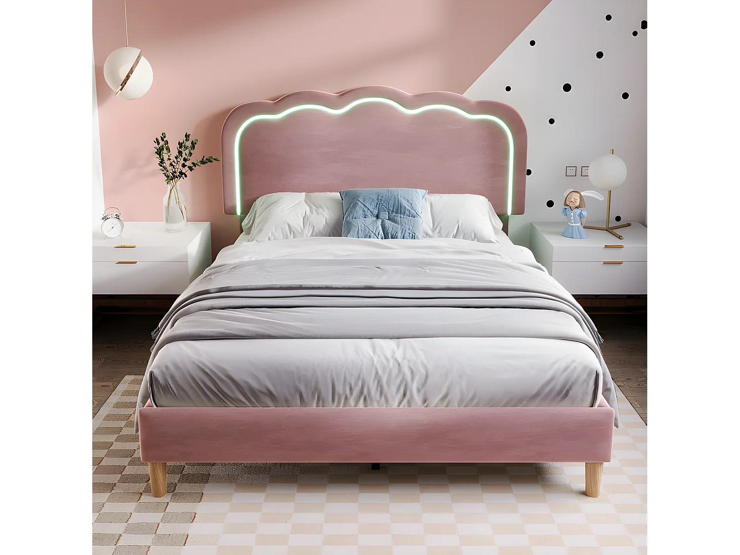 140 x 200 cm großes Bett mit Samtbezug – mit LED und Lattenrost – Rosa