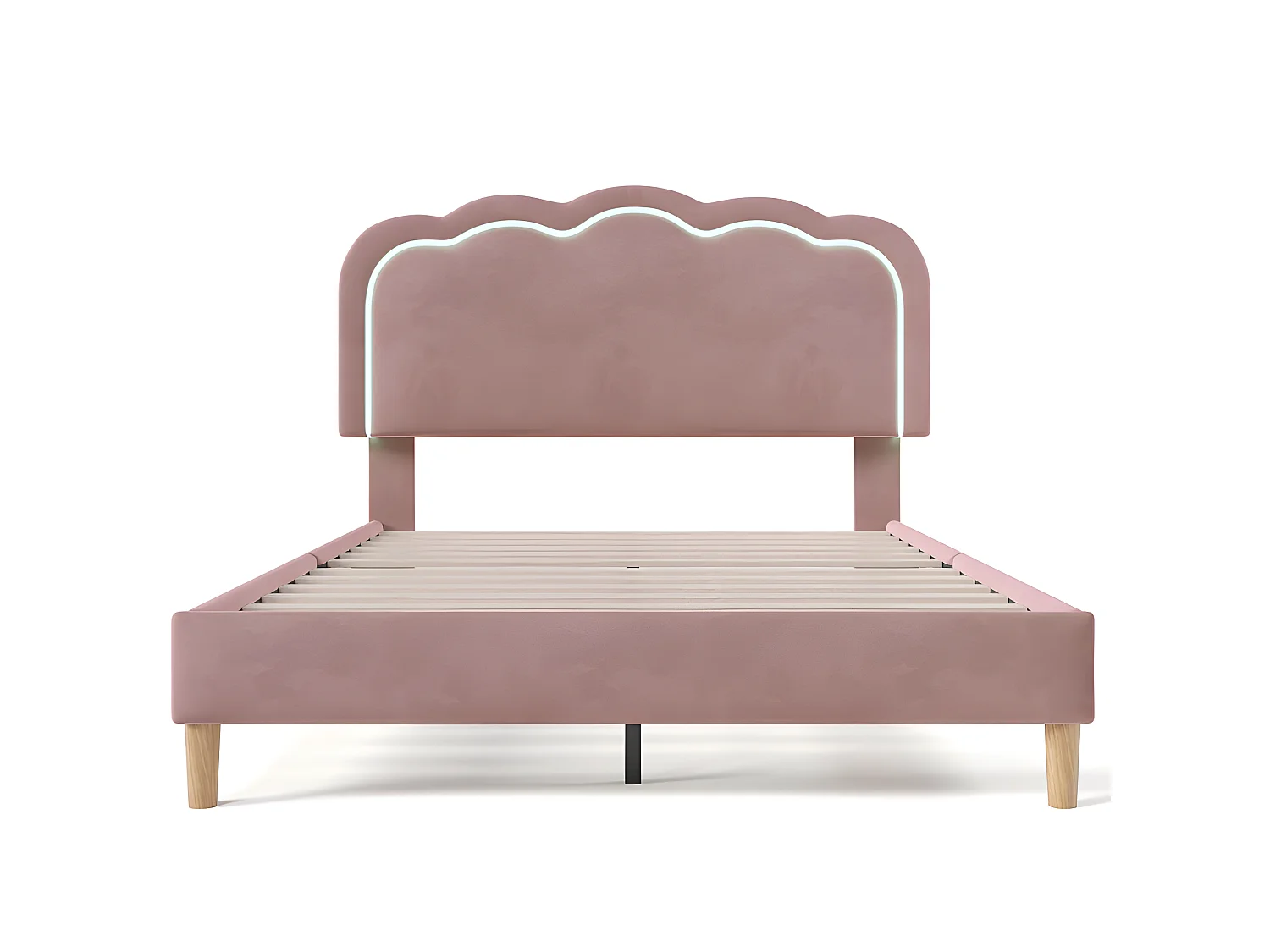 140 x 200 cm großes Bett mit Samtbezug – mit LED und Lattenrost – Rosa