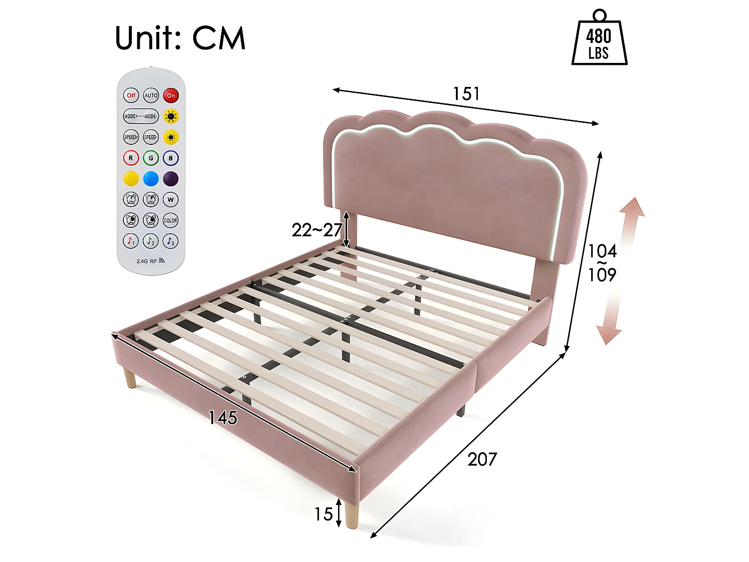 140 x 200 cm großes Bett mit Samtbezug – mit LED und Lattenrost – Rosa