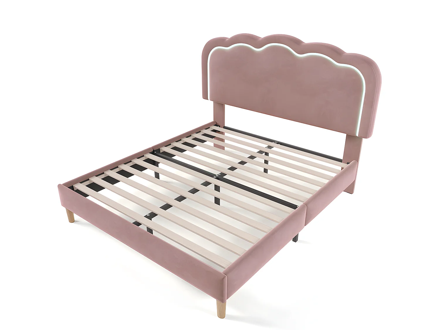 140 x 200 cm großes Bett mit Samtbezug – mit LED und Lattenrost – Rosa