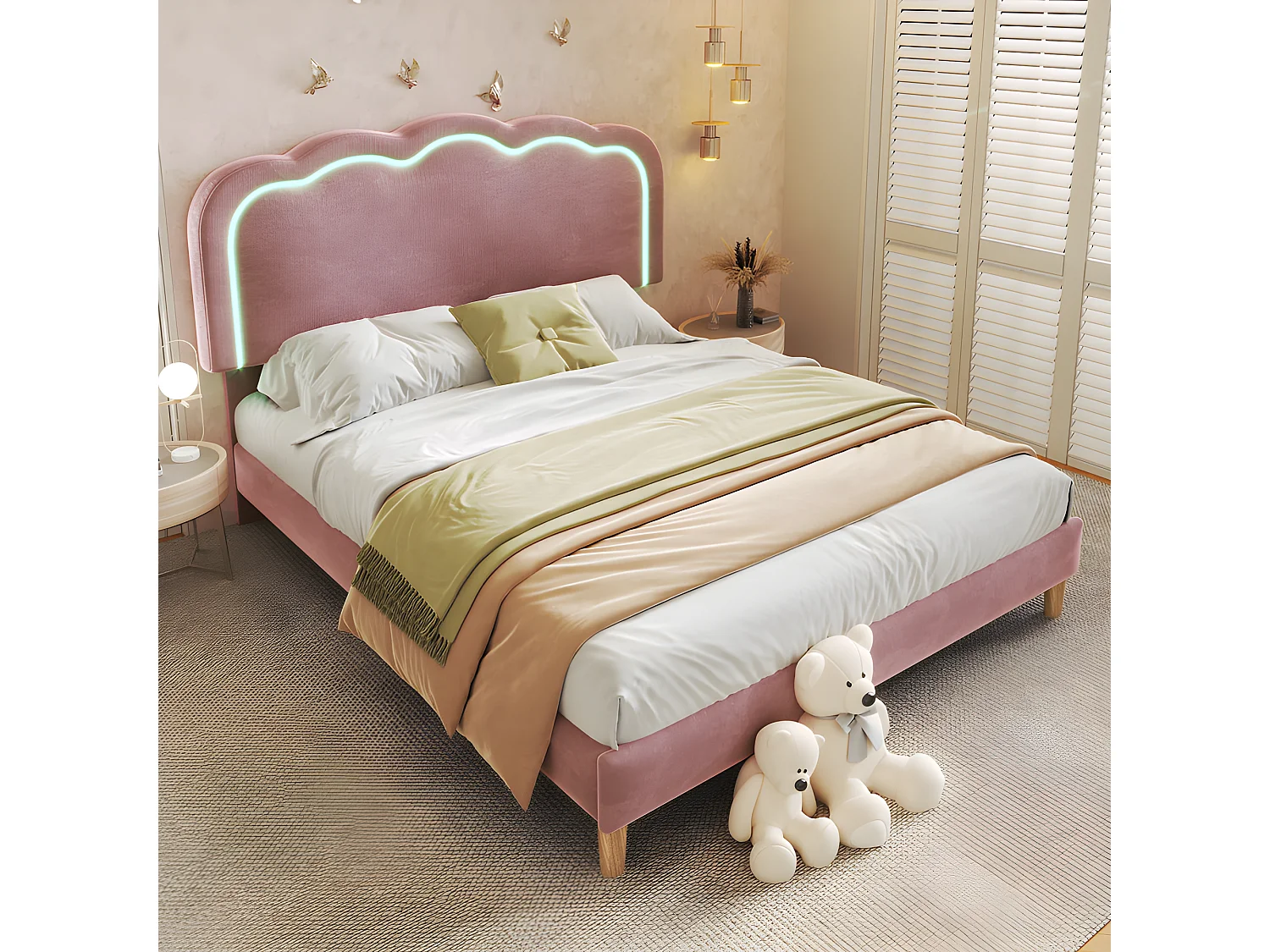Lit 140x200cm rembourré en velours - avec LED et sommier à lattes - Rose